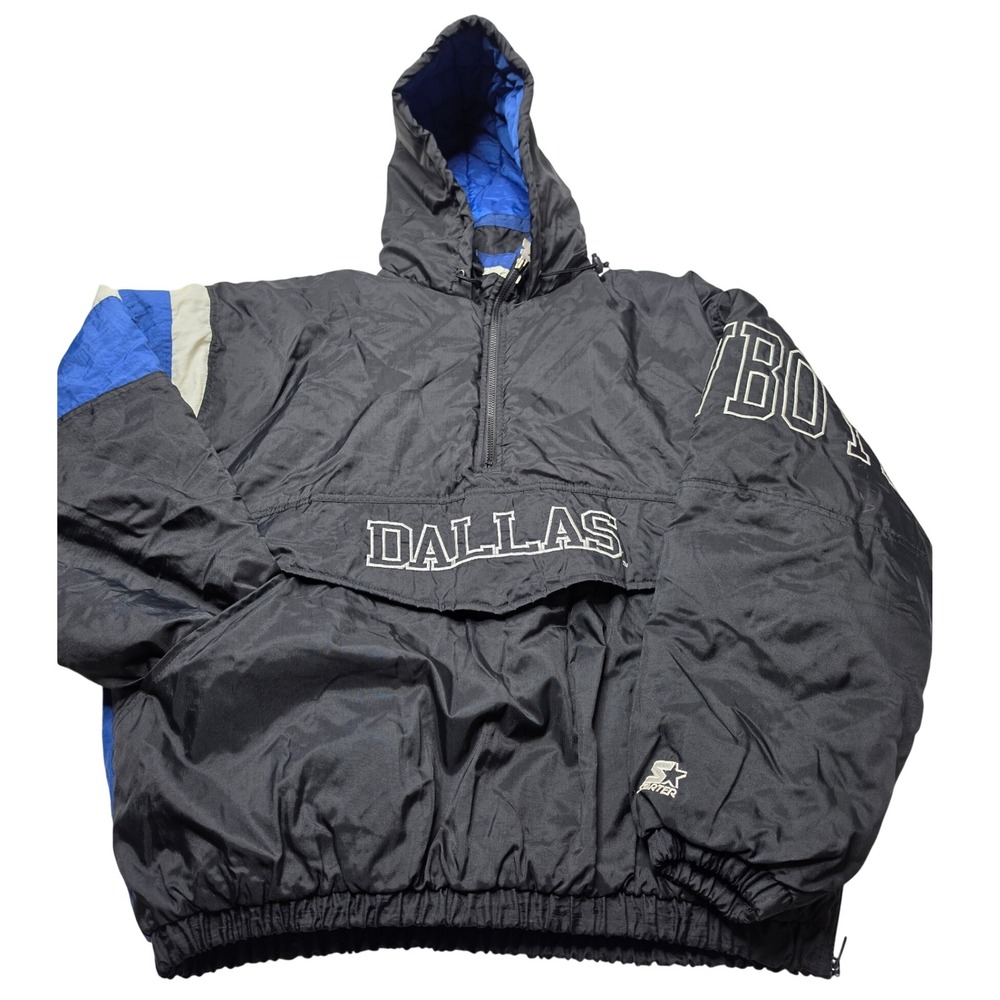 Vintage Starter NFL Dallas Cowboys Puffer Jacket Mens XL Half Zip Hooded Parka